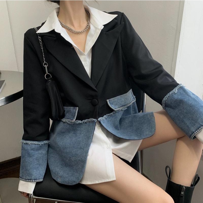 IELGY     Áo Khoác denim Dáng Rộng Phối Màu Sắc Tương Phản Thời Trang Cho Nữ