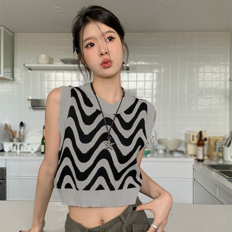 Áo Sweater Dệt Kim Sát Nách Mềm Mại Cổ Tròn Kẻ Sọc Gợn Sóng Kiểu Hàn Quốc Cho Bạn