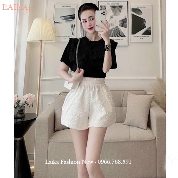 Quần đùi nữ mặc nhà lưng cao cạp chun thun co giãn vải xốp phồng dập nổi 3D hoa hồng dáng quần short nữ ống rộng ở nhà