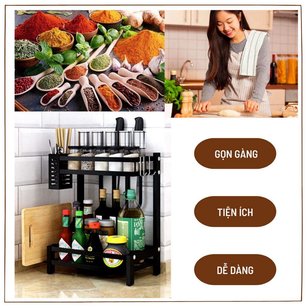 Kệ gia vị muối, đường đa năng  [GIÁ TỐT] kèm ống đựng đũa, giá để thớt và dao kéo 2 tầng sơn tĩnh điện đen nhà bếp