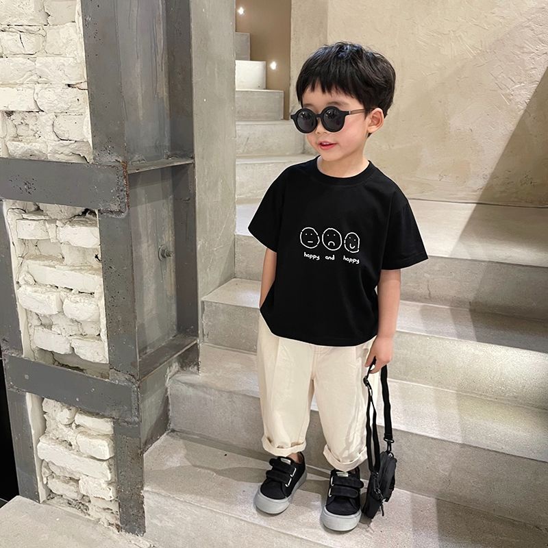 Áo Thun Cotton Ngắn Tay Cổ Tròn In Chữ Phong Cách Hàn Quốc Thời Trang Mùa Hè Cho Bé Trai