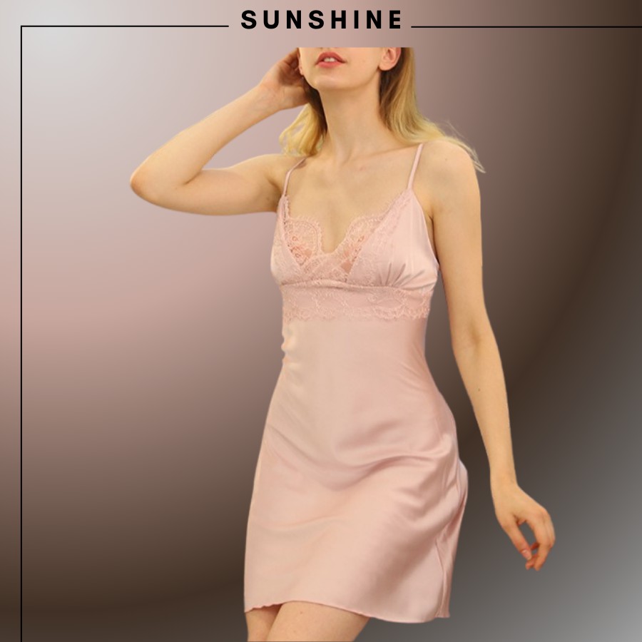 Váy ngủ hai dây lụa satin sexy cao cấp Đầm mặc nhà gợi cảm quyến rũ kèm mút ngực SUNSHINE LUBREXLUBO-MNT130