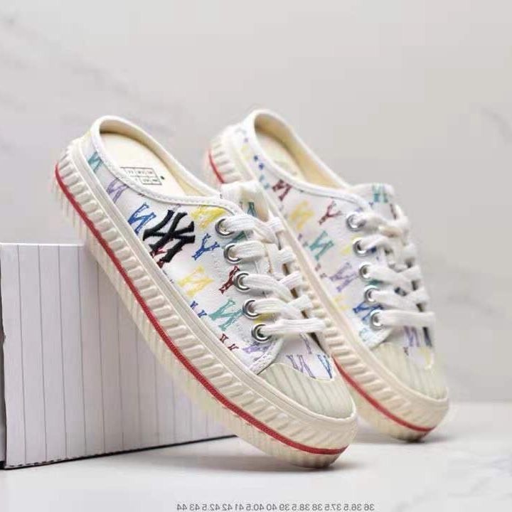 Giày Sục nữ lười thể thao MLB ny đạp gót màu Trắng hoạ tiết sneaker nam nữ Hot trend