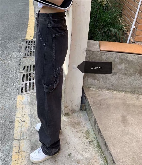 Quần bò jeans ống rộng, ống suông Ulzzang nữ cạp cao màu đen chỉ trắng hack dáng chân dài miên man ❤️