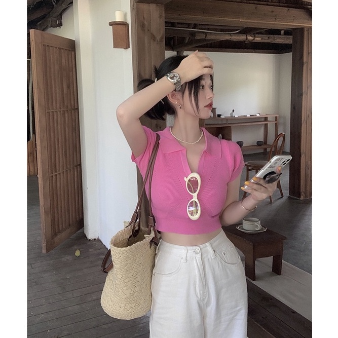Áo thun crop top XIAOZHAINV tay ngắn cổ bẻ phong cách Hàn Quốc 4 màu sắc thời trang cá tính cho nữ
