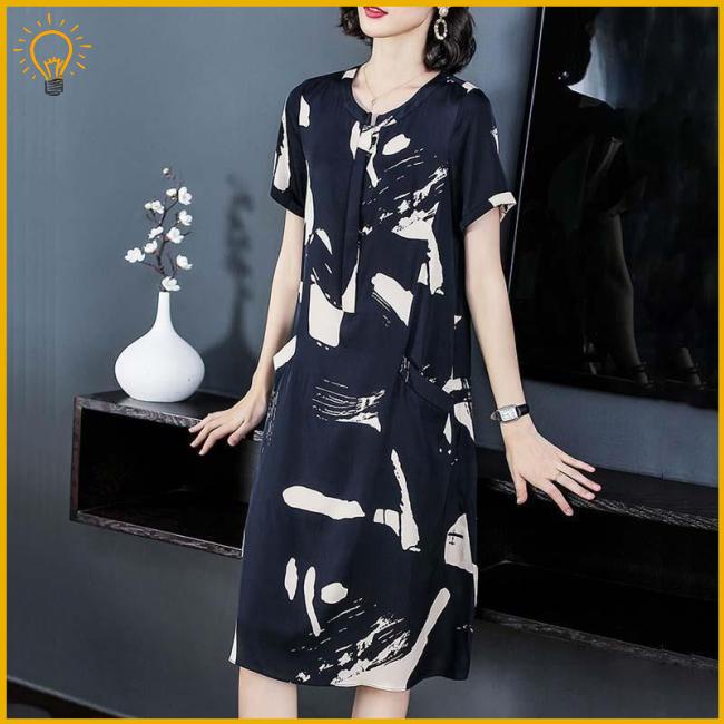Đầm Midi Tay Ngắn Cổ Tròn Dáng Rộng In Họa Tiết Thời Trang Xinh Xắn Cho Nữ