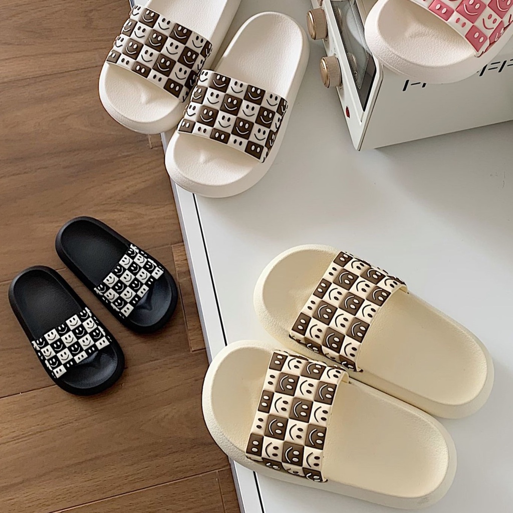 Dép bánh mì kẻ caro hình mặt cười CHÍNH HÃNG XIXITIAO dép quai ngang nam nữ - Kichi Shoes