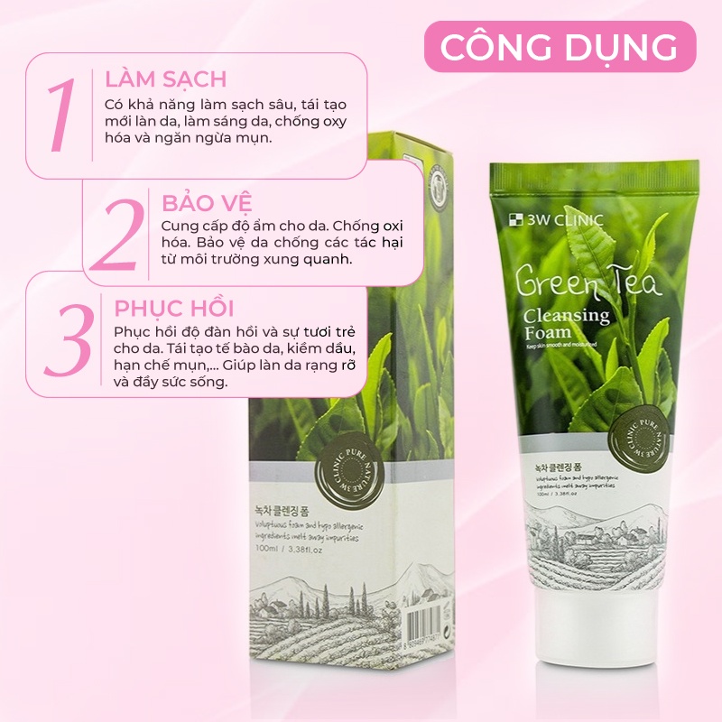 Bộ dưỡng da sữa rửa mặt & mặt nạ chiết xuất từ lá Trà Xanh 3W Clinic Hàn Quốc sạch sâu trắng da & ngừa mụn