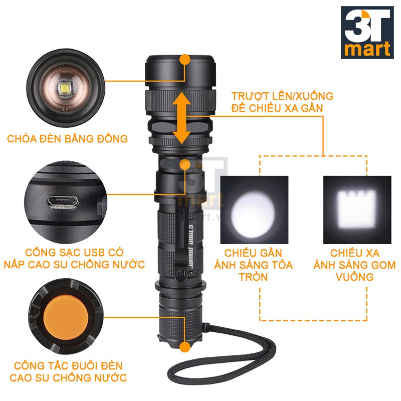 Bộ 1 đèn pin siêu sáng C'mon Power RANGER XML-L2 LED 10W chiếu xa 500m + 1 pin 18650 + 1 sạc USB (VÀNG) | BigBuy360 - bigbuy360.vn