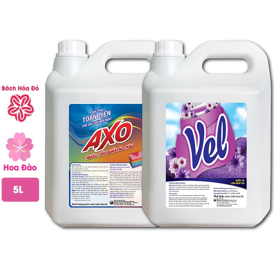 COMBO 1 can Nước Giặt Tẩy Vải Màu AXO can 5L + 1 can Nước Xả Vải VEL can 5L