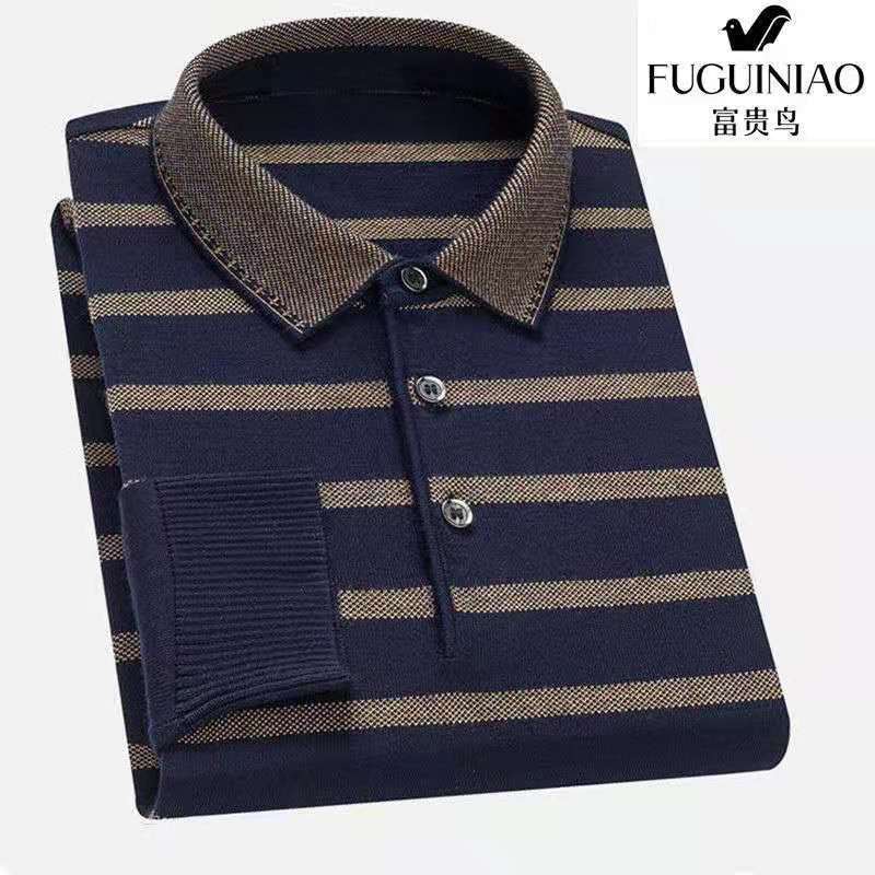 ♛̅Fuguiniao Áo thun cotton dài tay cổ bẻ màu trơn cỡ lớn thời trang xuân thu cho nam trung niên
