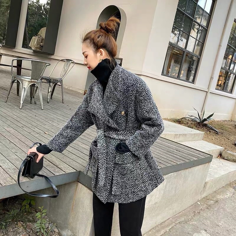 Áo khoác dạ thiết kế xương cá cổ vest kèm đai hai lớp siêu sang chảnh