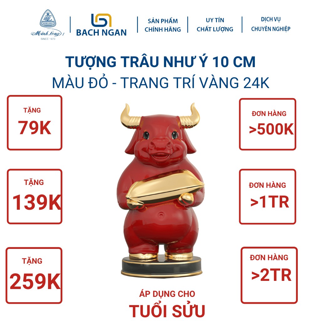 Tượng Trâu Sứ Minh Long Như Ý 10cm nhiều màu,trang trí vàng,  may mắn, tài lộc đẹp cao cấp dùng tặng quà