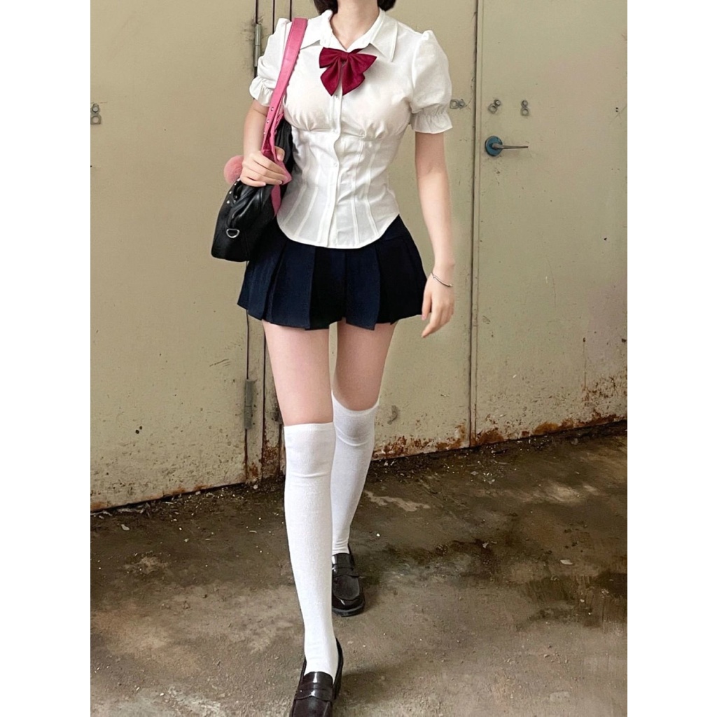Bộ Áo Tay Phồng + Chân Váy Xếp Ly Lưng Cao Thời Trang Mùa Hè Phong Cách Preppy 2022 Mới