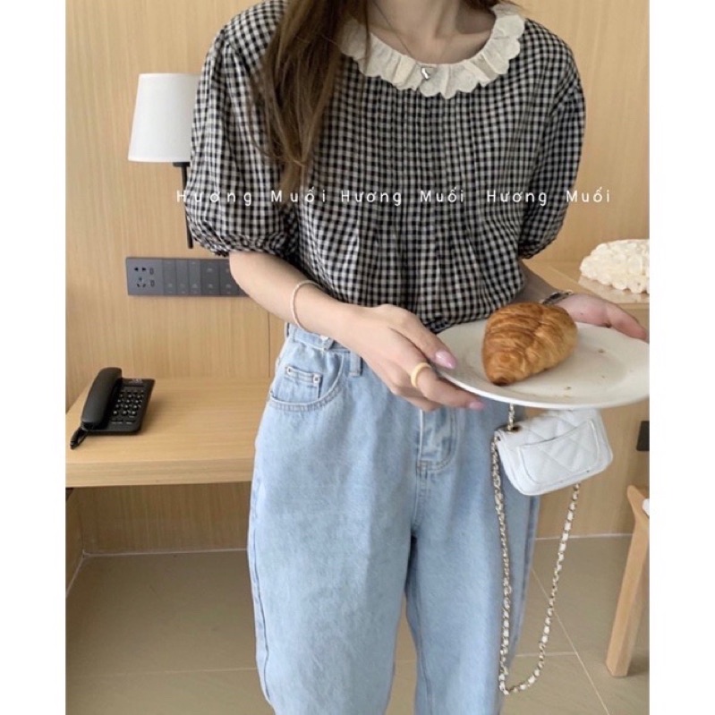 Áo babydoll kẻ cảdo cổ ren-cúc sau-siêu đẹp