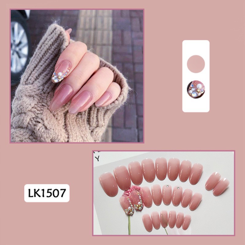 Set 24 móng tay giả tone hồng đẹp xinh xắn đính charm, đá CD