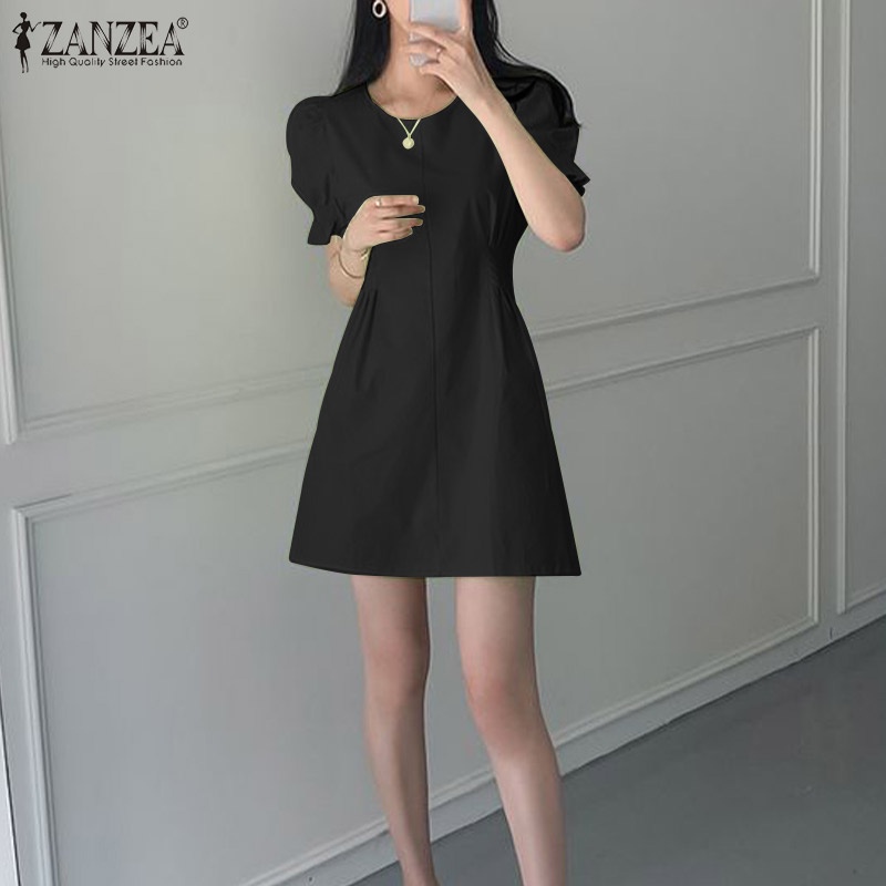 Đầm ZANZEA tay ngắn phồng cổ tròn thiết kế xếp li thời trang cho nữ