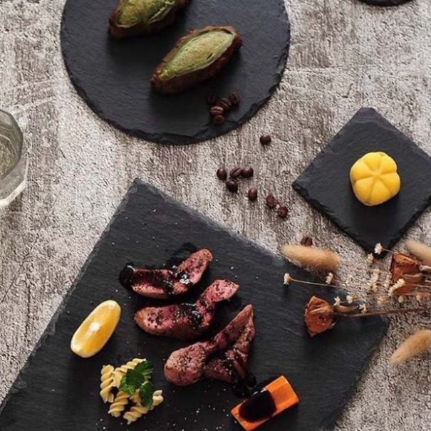 Đĩa đá đen trang trí chụp ảnh food, bánh, sản phẩm vintage. khay đá decor bàn tiệc, bàn ăn