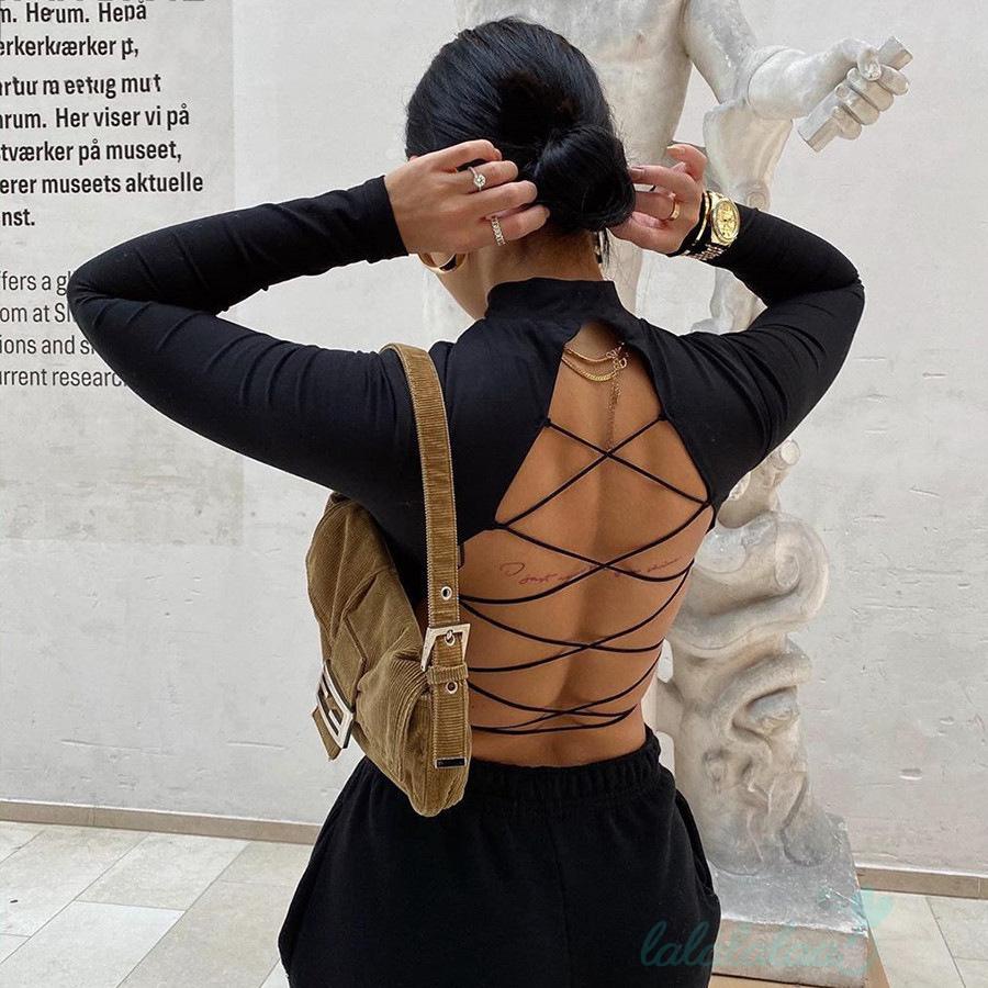 Áo thun croptop tay dài cổ cao hở lưng 5 màu trơn quyến rũ cho nữ
