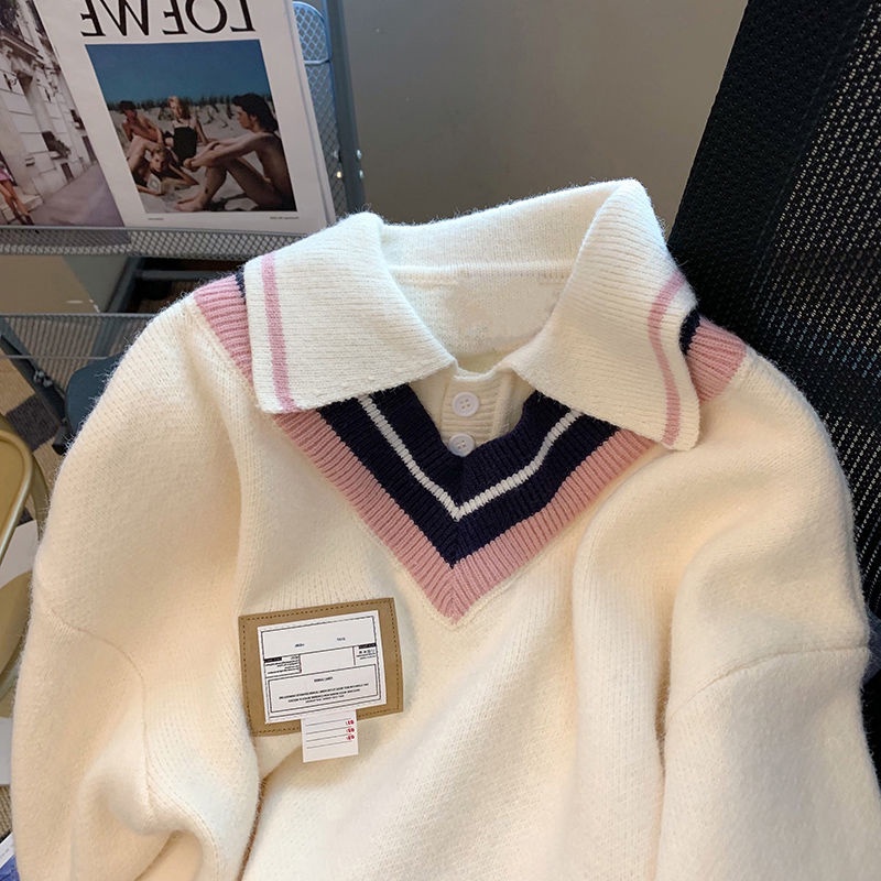 Áo Sweater Giả Hai Lớp Cổ Bẻ Dáng Rộng Mềm Mại Thời Trang Thu Đông Phong Cách Nhật Bản Cho Nữ