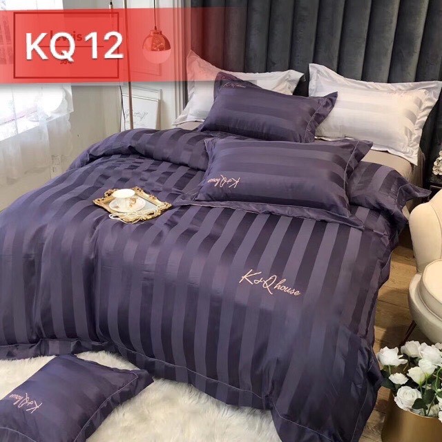 Bộ Chăn Ga Gối Lụa Satin Kẻ K&Q Nhập Khẩu