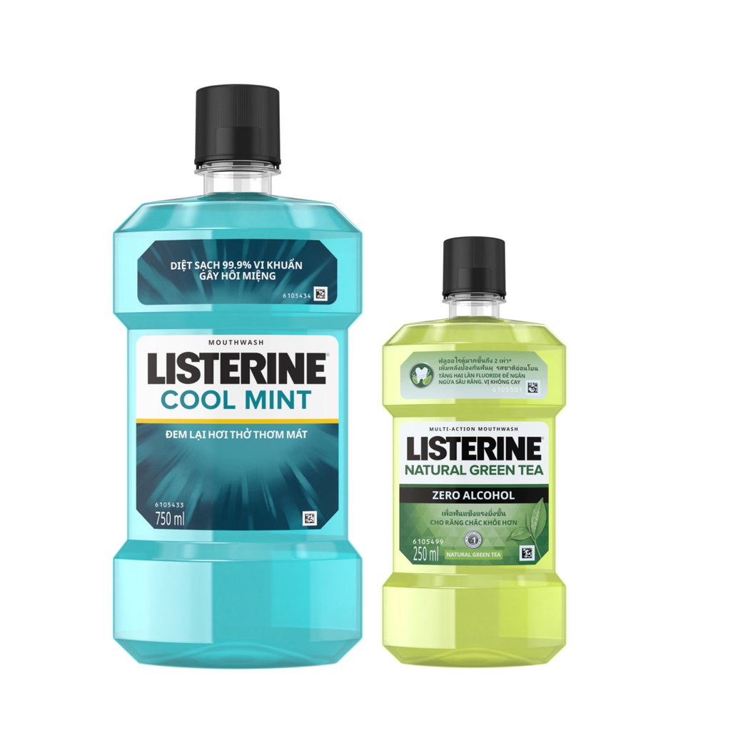 Combo Nước súc miệng hơi thở thơm mát Listerine Cool Mint 750+250ml nước súc miệng Listerine Green Tea