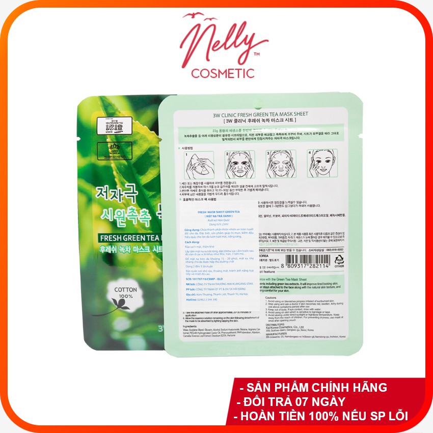 (❤️BIG SALES❤️) COMBO 10 Mặt nạ dưỡng da chiết xuất từ nhân dưa chuột 3W CLINIC FRESH GREEN TEA MASK SHEET 23ml