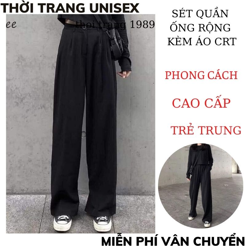 Sét bộ thể thao unisex 2 món ,áo croptop dài tay kèm quần ống rộng khuy cài,chất tuyết mưa hàn phong cách ulzzang TT1989