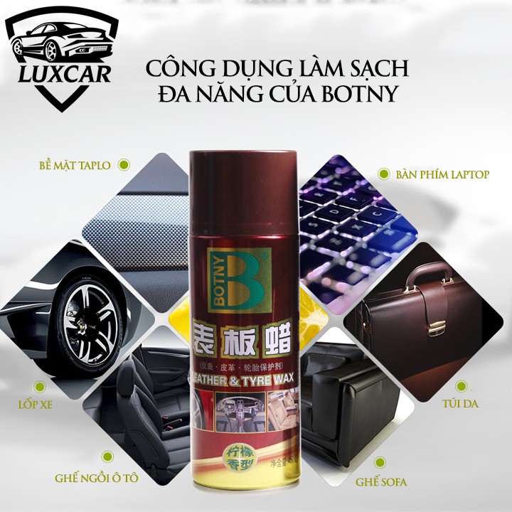 Dung dịch bảo dưỡng nội thất BOTNY Leather &amp; Tyre, chai xịt làm sạch và dưỡng bóng da ghế,taplo, lốp xe - 450ml