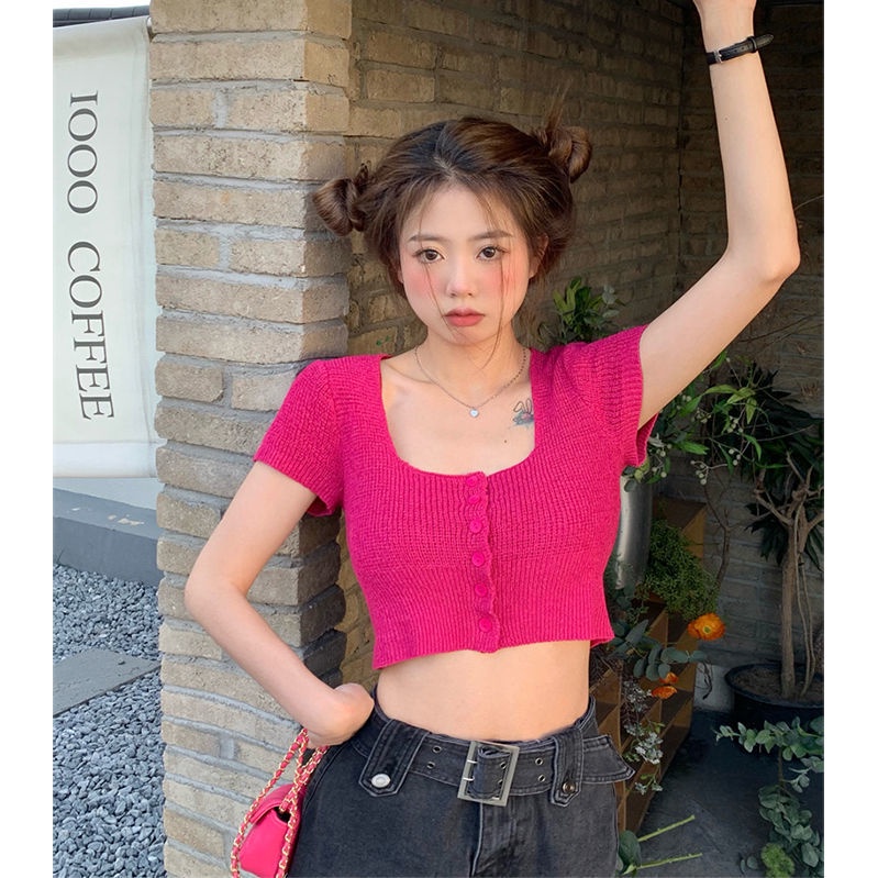 Áo dệt kim COZOKC ngắn tay cổ vuông phong cách cổ điển