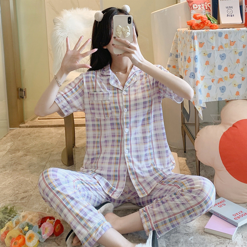 Bộ đồ ngủ nữ dáng dài kẻ sọc caro thoải mái thời trang mùa hè | BigBuy360 - bigbuy360.vn