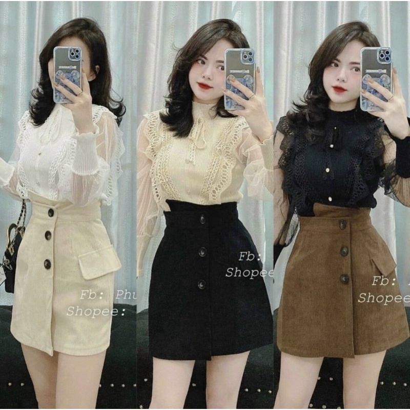 Chân váy chữ a ngắn cạp lệch chất nhung tăm có quần lót trong quần giả váy nữ năng động cá tính Mã_099