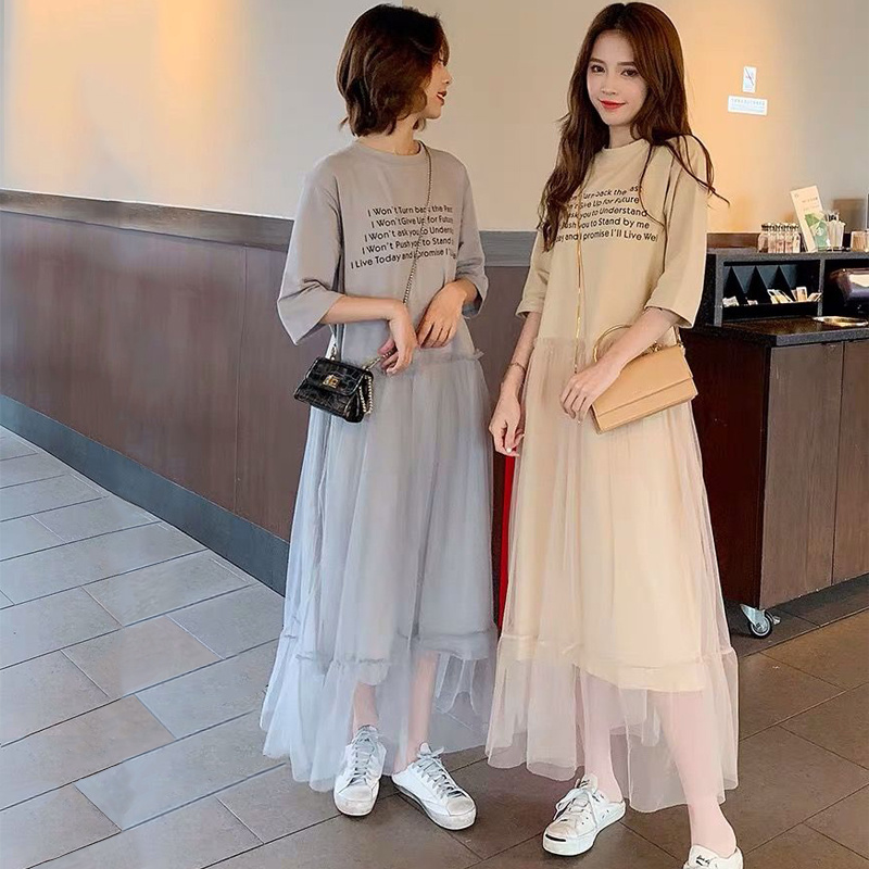 New Women Midi Dresses Korean Round Neck Mesh Stitching Dress