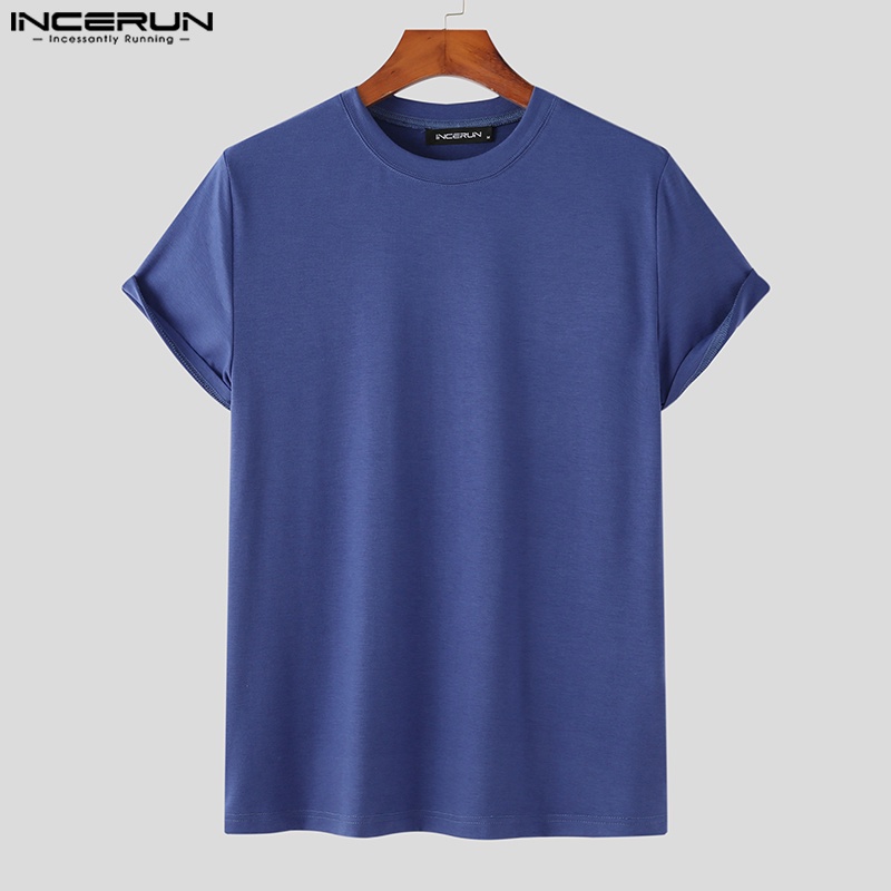 Áo thun INCERUN tay ngắn cổ tròn màu trơn thiết kế đơn giản thời trang cho nam