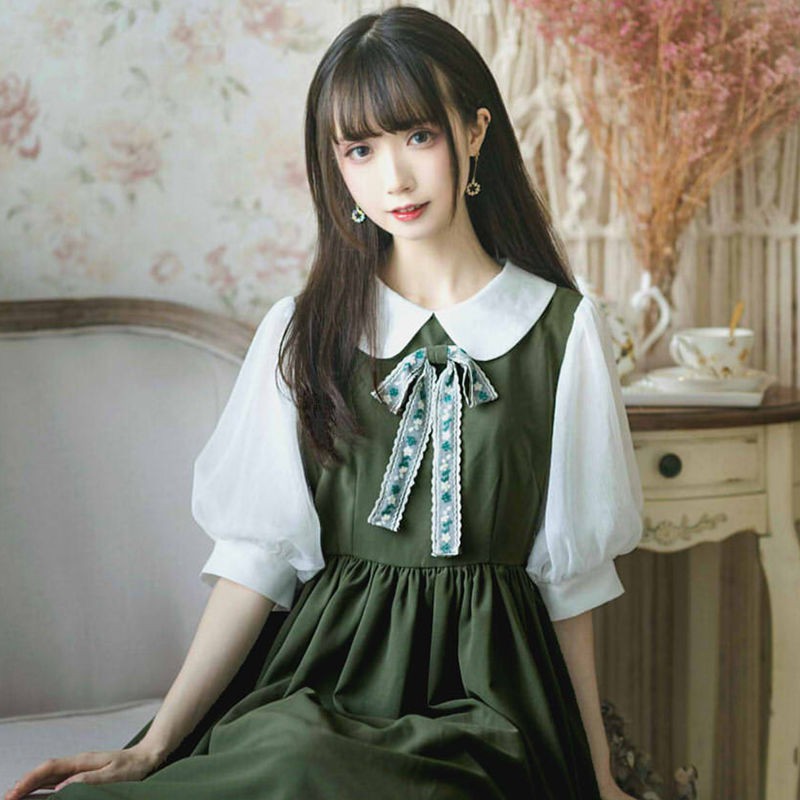 Đầm Tay Ngắn Cổ Búp Bê Dáng Ôm Phong Cách Retro Pháp Thiết Kế Mới 2021
