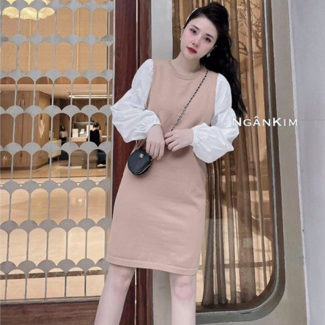 Váy suông nữ phối tay trơn vai bồng chất đẹp