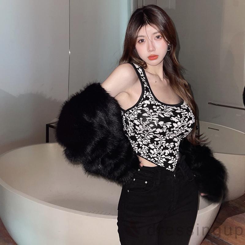 DRE-Women Slim-fit Knit Tank Tops, Sleeveless Contrast Color Floral Print U-shaped Neck Tank Tops