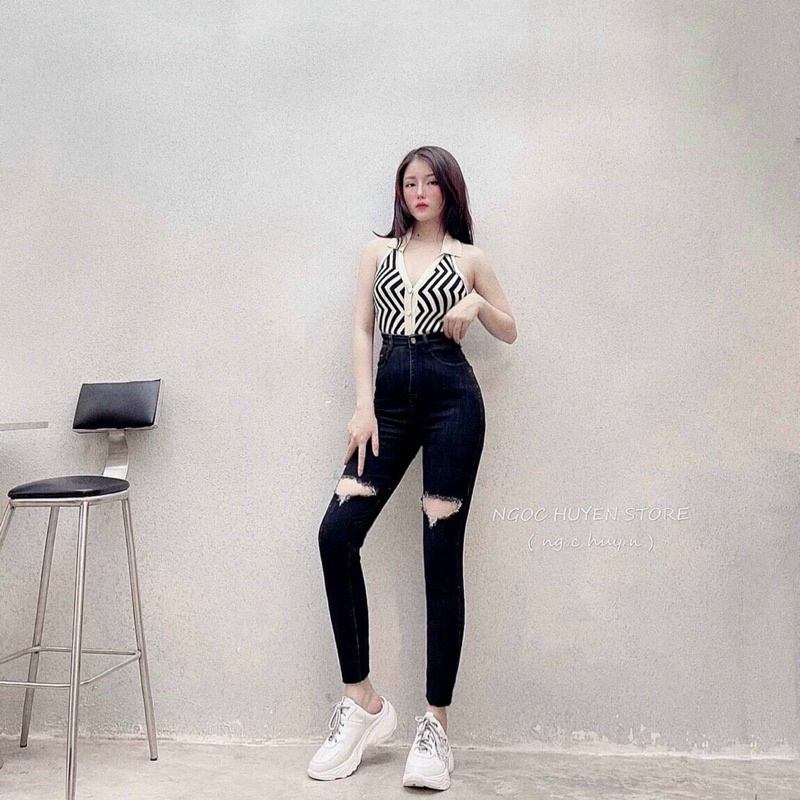 quần jeans nữ rách gối 2 bên cạp lưng siêu cao