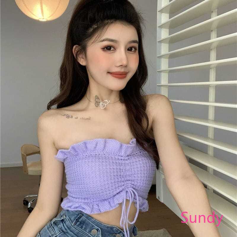 Áo Ống Dệt Kim Phối Dây Rút Thời Trang Mùa Hè Quyến Rũ Cho Nữ