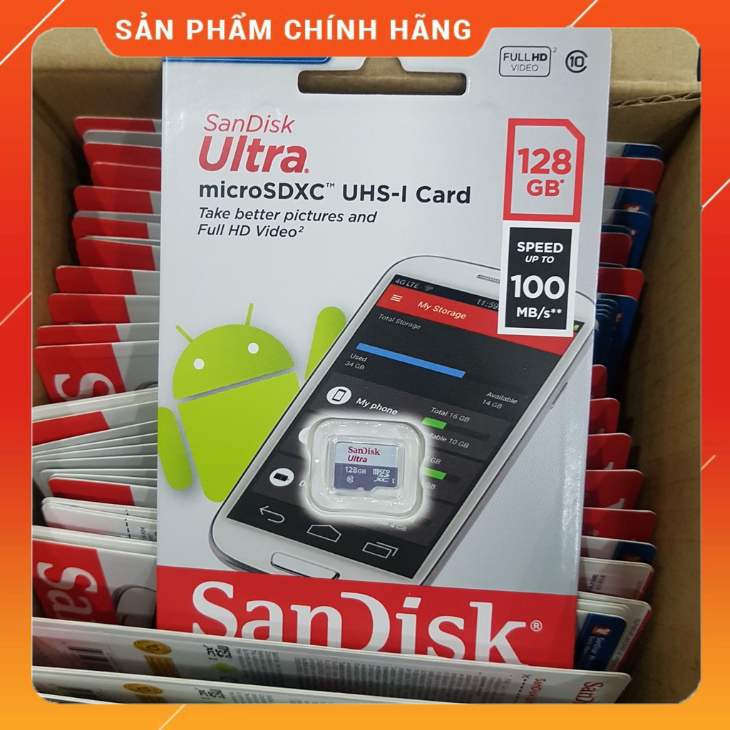 Thẻ nhớ SanDisk Ultra Class 10 128GB 100MB/s - Dùng cho camera, máy ảnh, điện thoại - Hàng chính hãng