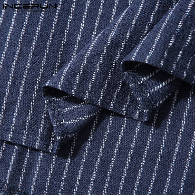 Áo sơ mi INCERUN ngắn tay cổ chữ v họa tiết kẻ sọc cài nút thời trang cho nam