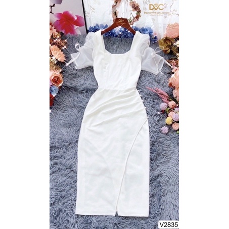 V2835 váy body trắng cổ vuông