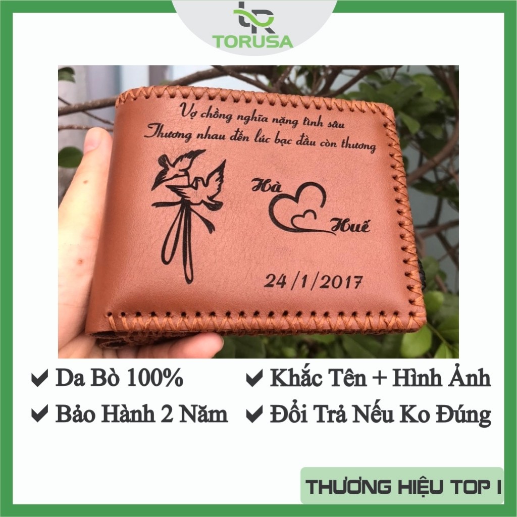 [FreeShip - ẢNH THẬT] - Ví Nam Da bò Khắc Tên Handmade Dáng Ngang TORUSA LEATHER Bảo Hành 12 Tháng