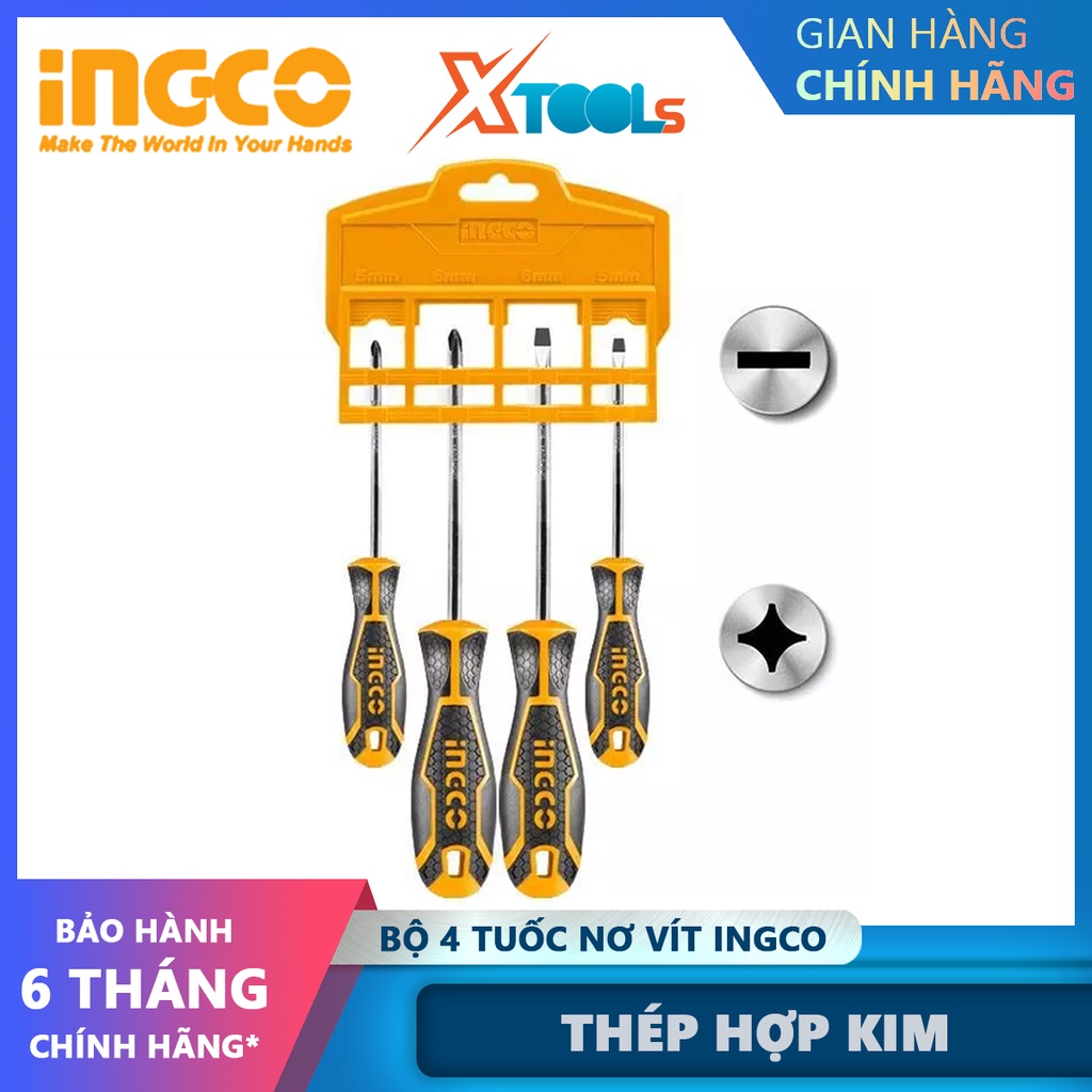 Bộ 4 tua vít dẹp và bake INGCO HKSD0428 | Bộ tuốc nơ vít bake và dẹp 4 chi tiết Chất liệu CRV, 1 tua vít SL5.5X100mm 1 t