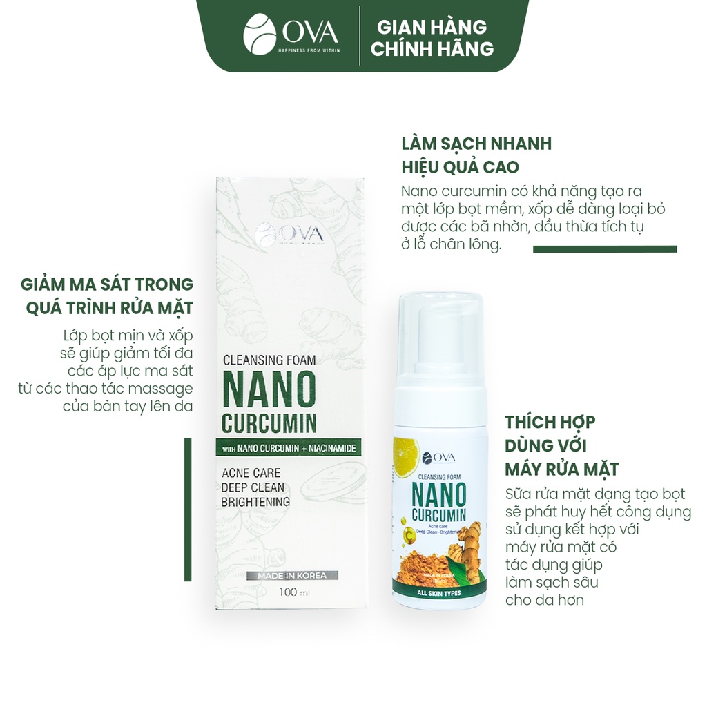 Sữa rửa mặt nghệ tạo bọt Nano Curcumin 100ml ngừa mụn trứng cá cho da mặt dầu, làm sạch sâu, hết mụn ẩn, cám, đầu đen.