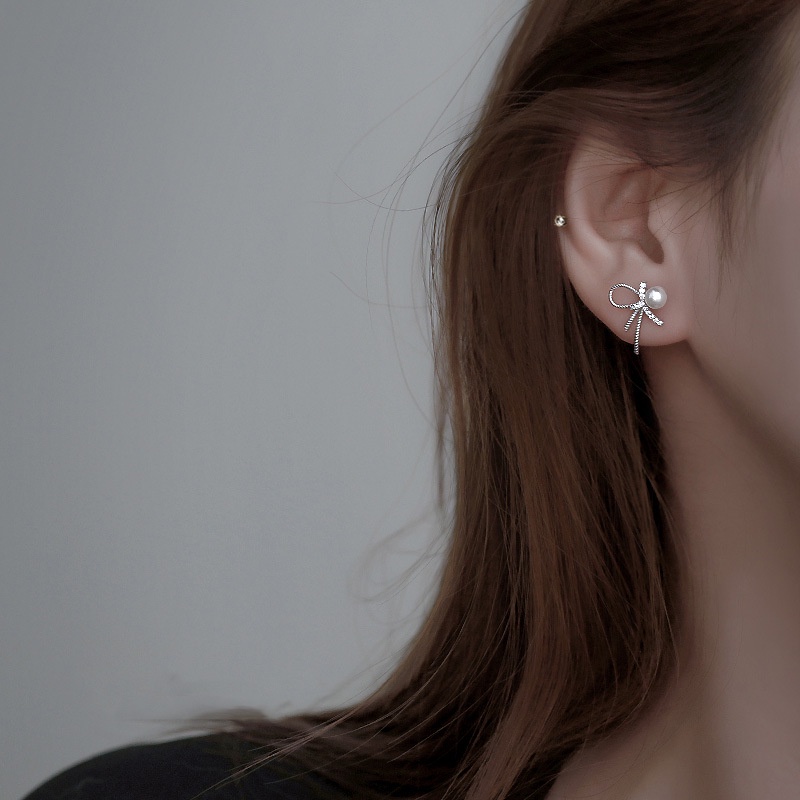 Bông tai ngọc trai thời trang nữ cao cấp hàn quốc nơ bông tai rhinestone