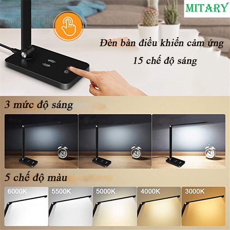 Đèn học để bàn đèn học chống cận Tích Điện, Sạc Điện Thoại Không Dây 10W, Cảm Ứng Điều Chỉnh Ánh Sáng Có Thể