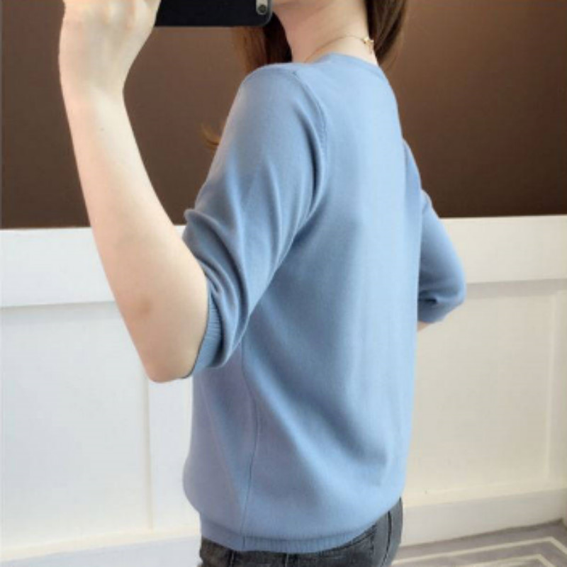 Áo Sơ Mi Dệt Kim Chui Đầu Tay Lửng Dáng Rộng Cổ Chữ V Cài Nút Điều Hòa Không Khí Thời Trang Preppy Mới Cho Nữ