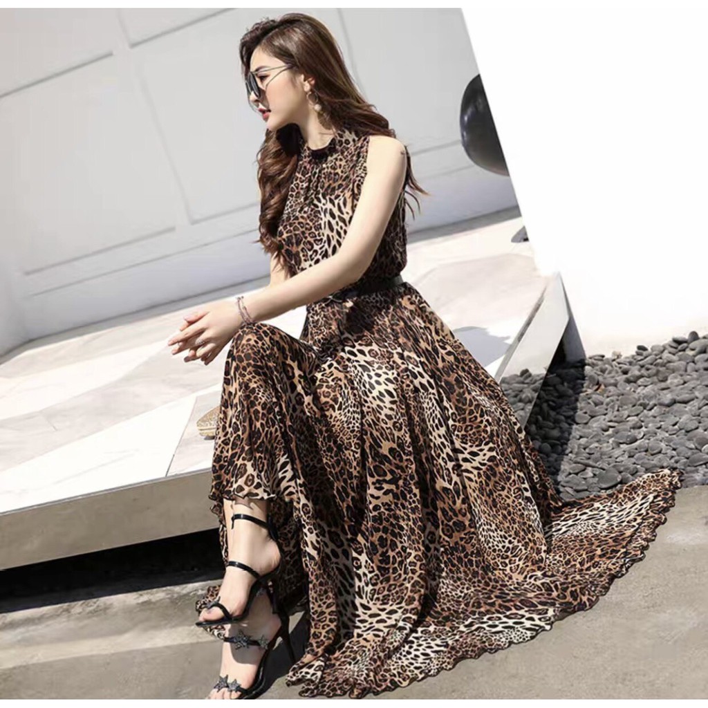 (Bỏ sỉ) Hình thật ĐẦM MAXI BEO CỔ TRỤ KÈM NỊT may kỹ chuẩn shop
