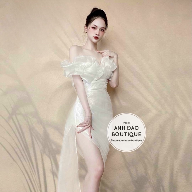 Váy nữ dự tiệc ôm body sang trọng trễ vai nhún body chất voan tơ hàng cao cấp V0033 fullsize AĐ BOUTIQUE